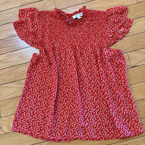 She + Sky Tops - She + Sky Red Floral Smocked Bodice Dress